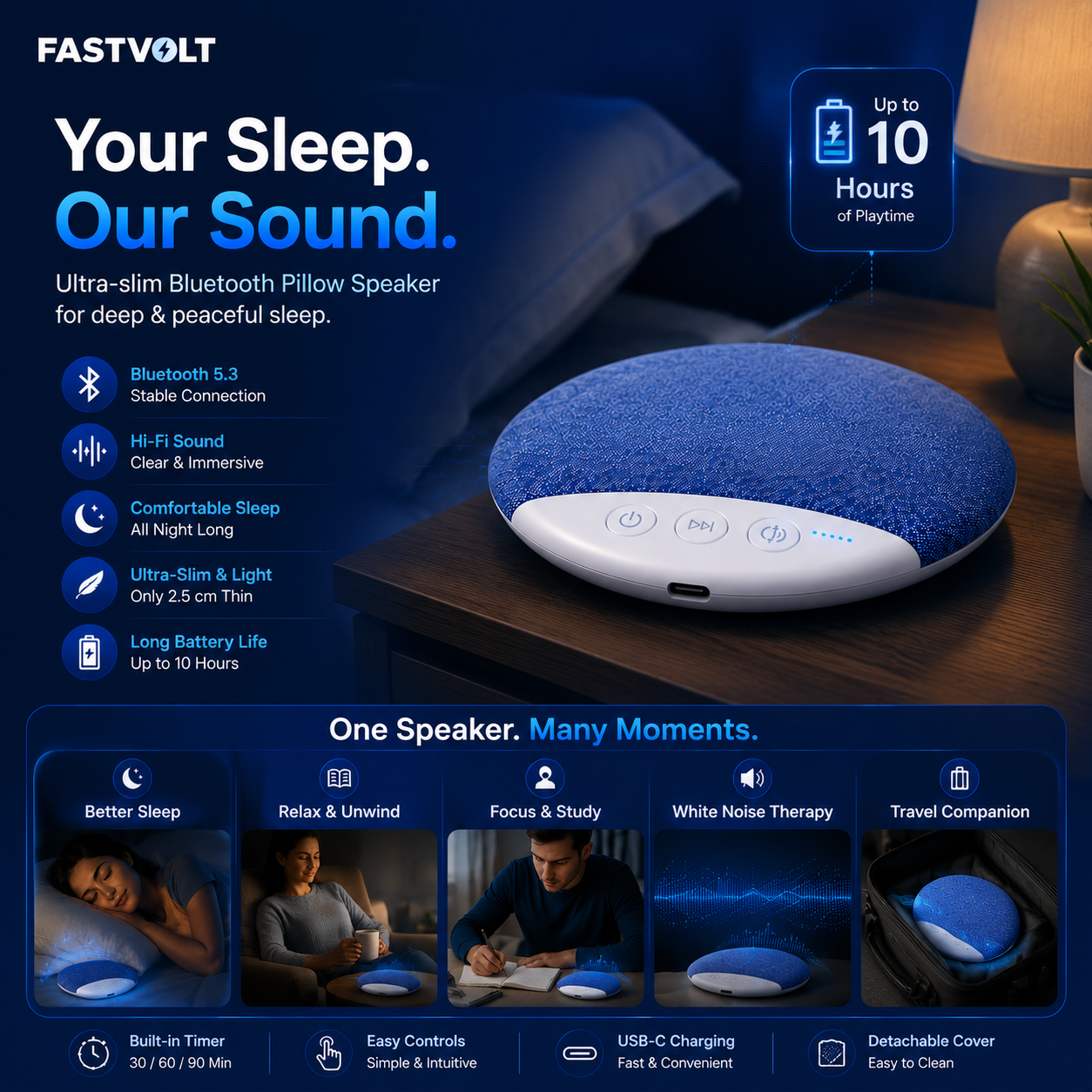 FastVolt™ SomniaWave Premium Pillow Speaker
