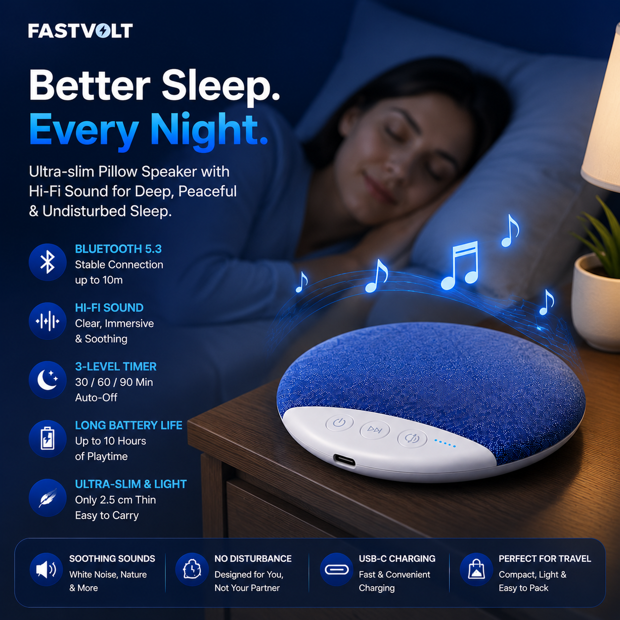 FastVolt™ SomniaWave Premium Pillow Speaker