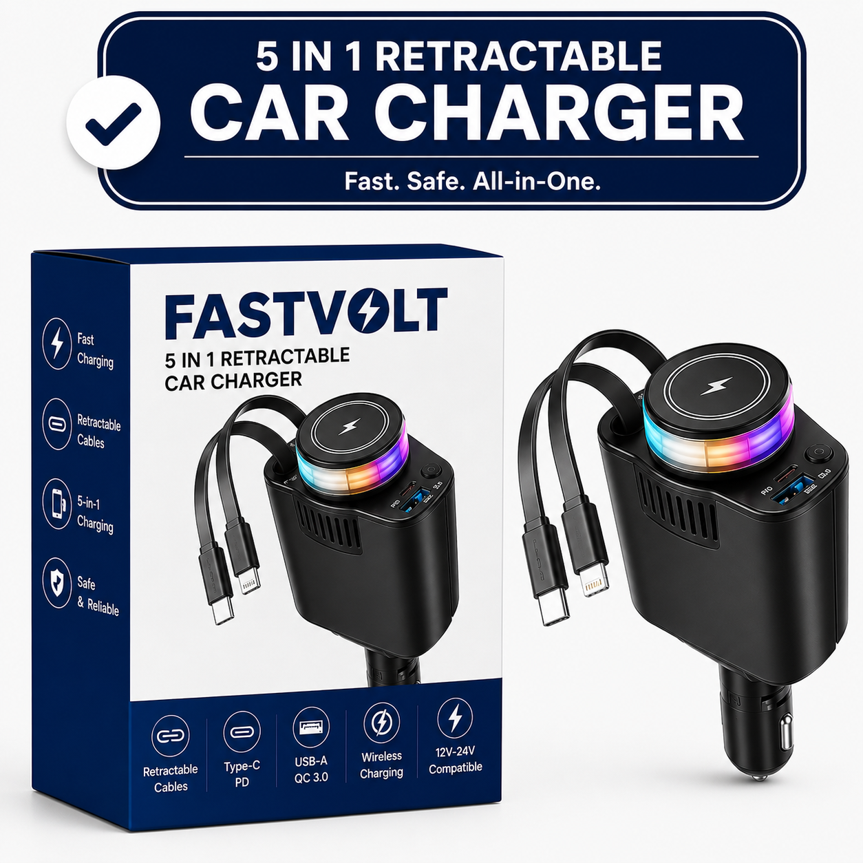 FastVolt™ - 5 in 1 Retractable Car Charger